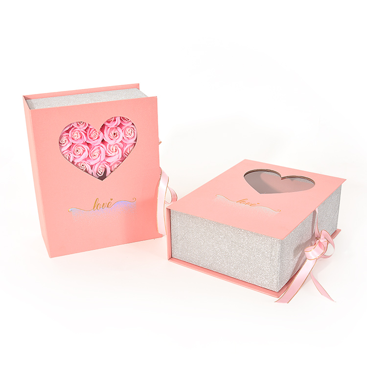 Luxury Pink Book Style Gift Flower Box with Window with Ribb