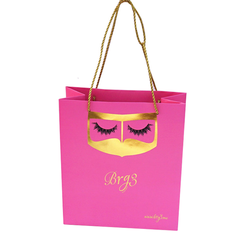 luxury pink gift paper bag for eyelash with gold