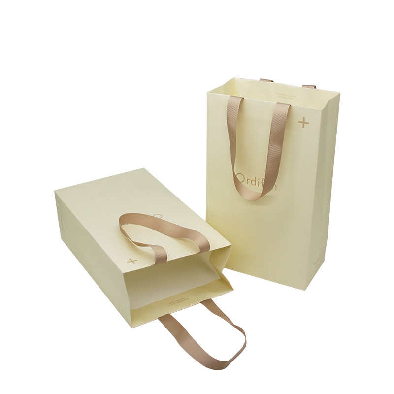 Premium Cream White Cosmetic Shopping Paper Bag with Ribbon